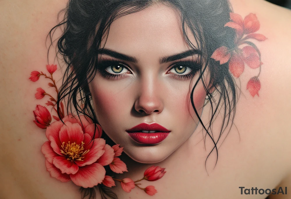 A close-up of Christina’s determined face surrounded by vibrant red and pink flowers. Her face is framed by soft lines, reflecting her bravery and loyalty within Dauntless. The red represents passion, while the pink signifies friendship and support.
Colors: Vibrant red, soft pink, black. tattoo idea
