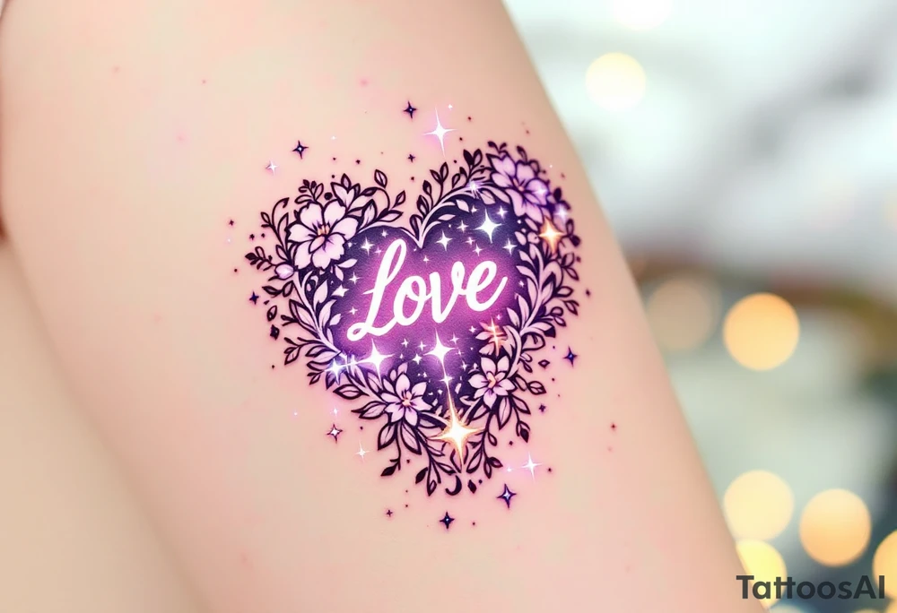 A symbol for symbol for love rune in sharp, clean lineswith intricate carvings surrounded by delicate vines and floral motifs. The design glows with a soft lavender and gold light, with sparkling stars to symbolize love that transcends space and time. tattoo idea