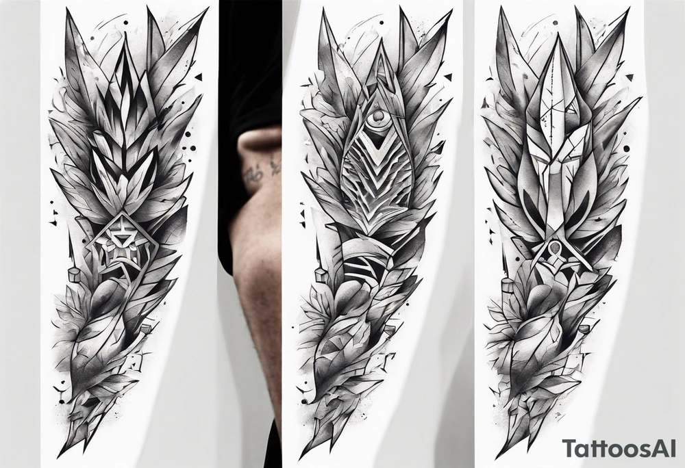 full arm tattoo. pointy leaves combined with geometric shapes. whole arm tattoo idea