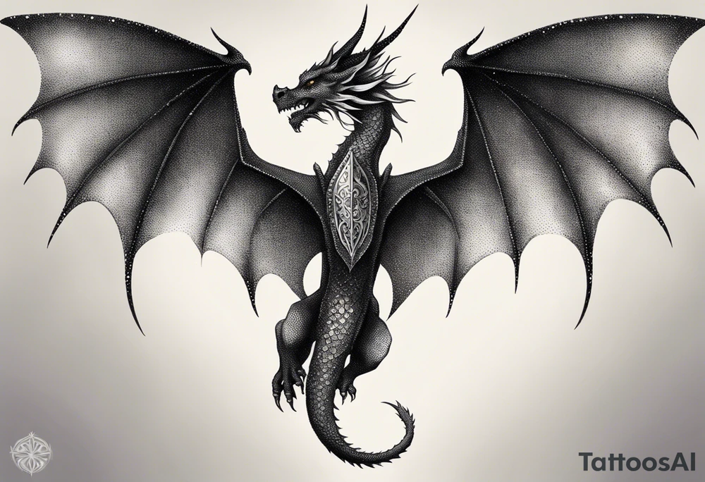 Symmetrical, Realistic dragon, facing forward. With both wings spread out. Torn look to wings. Tails wraps down and has a morning star weapon at the end of tail. The tattoo would be suitable for the centre of a chest tattoo idea