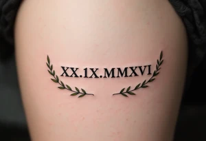 XX.IX.MMXVI in clean black script under the collarbone, paired with laurel leaf outlines in olive green tattoo idea