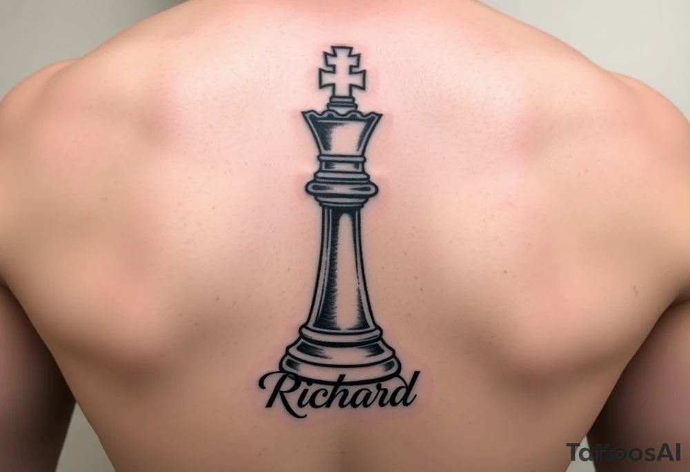 A king chess piece with the name Richard incorporated into the bottom of the piece tattoo idea