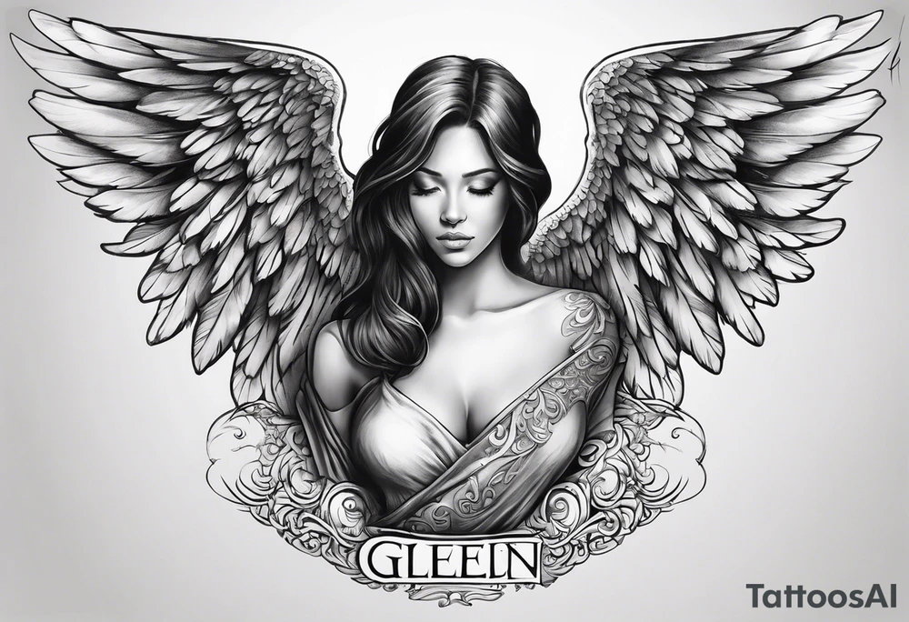 The word Glenn with angel Wings at the side tattoo idea