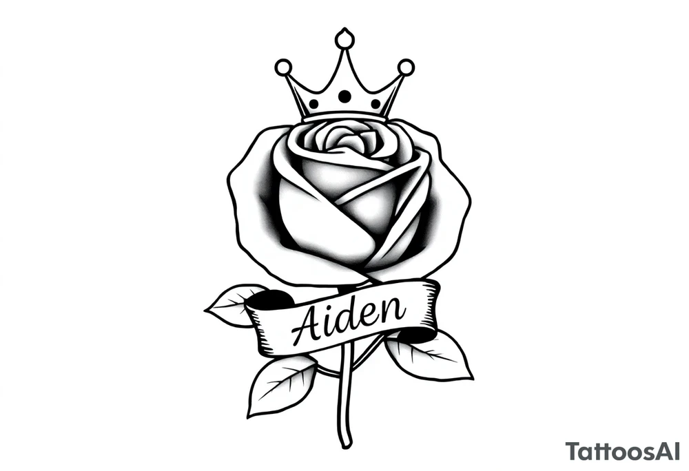 Rose with a small kings crown above it a ribbon around the front of the rose with the name Aiden inside it tattoo idea