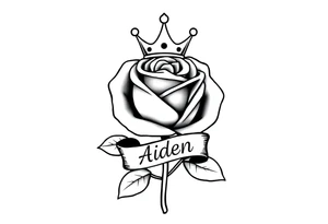 Rose with a small kings crown above it a ribbon around the front of the rose with the name Aiden inside it tattoo idea