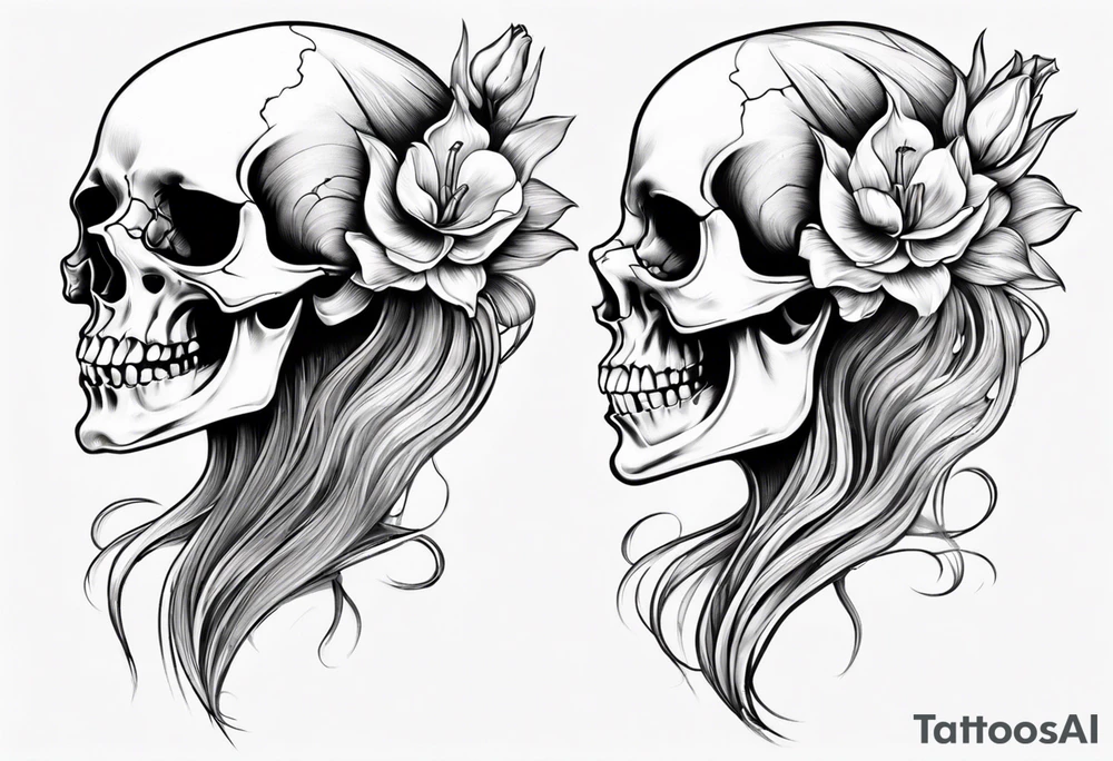 sideview of smiling female skull with long hair, one decayed tulip, one perfect tulip and one tulip bud tattoo idea sideview of smiling female skull with long hair, one decayed tulip, one perfect tulip and one tulip bud tattoo idea