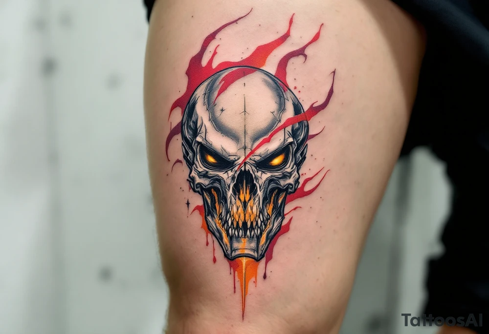 A Xenomorph skull with red, orange, and yellow tattoo idea