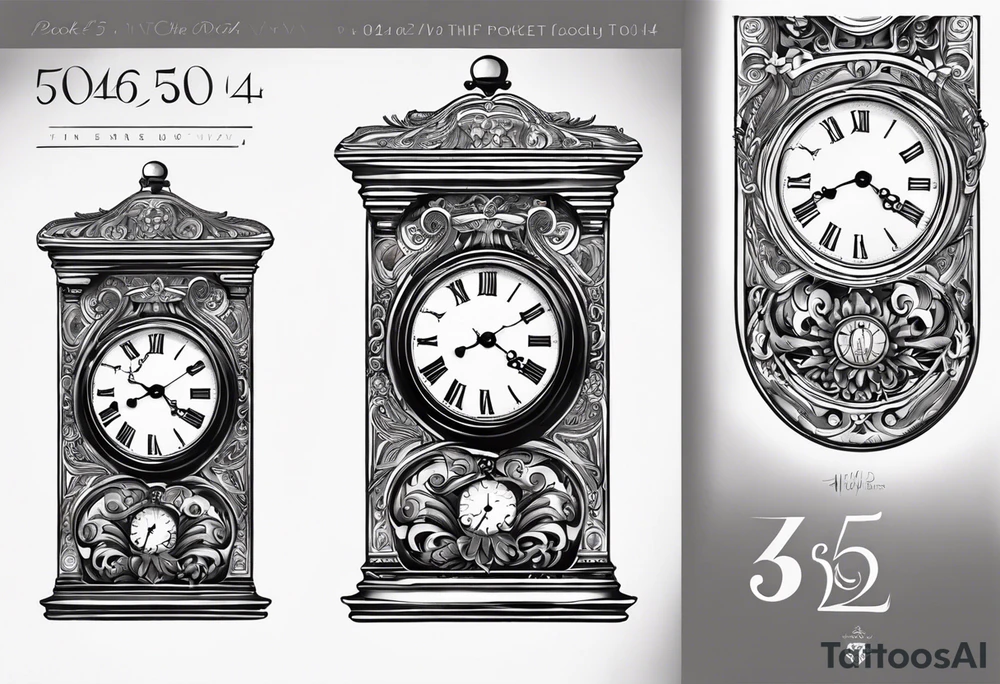 Pocket clock with the time 5:25 on. Underneath a scroll with 04/09/2014 tattoo idea
