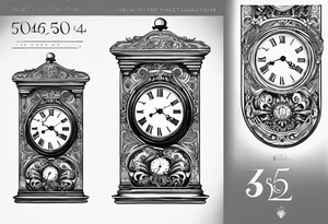 Pocket clock with the time 5:25 on. Underneath a scroll with 04/09/2014 tattoo idea