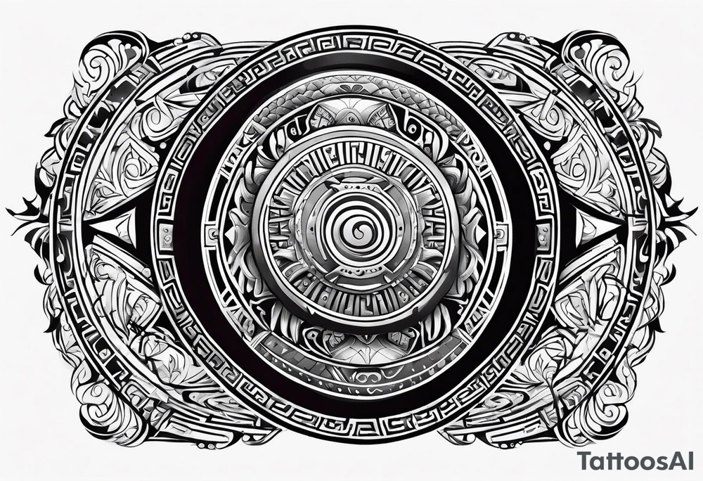 greek spartan shield surrounded by tribal pattern tattoo idea