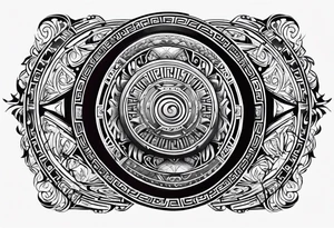 greek spartan shield surrounded by tribal pattern tattoo idea