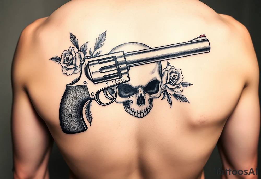 A vintage revolver intertwined with thorny roses, beneath a skull's shadow. tattoo idea