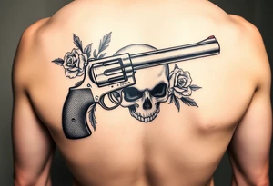 A vintage revolver intertwined with thorny roses, beneath a skull's shadow. tattoo idea