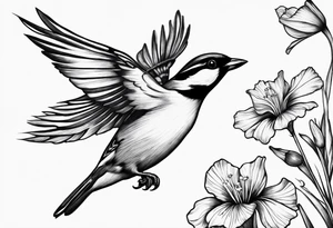 one flying 
sparrow, sunrays, 
make it a neck sleeve
add in a cosmos, iris, daisy, poppy and larkspur tattoo idea