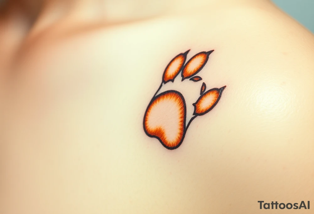 dog paw with fine fur details and warm shades of golden brown, caramel, and soft beige for a lifelike effect as heart tattoo idea