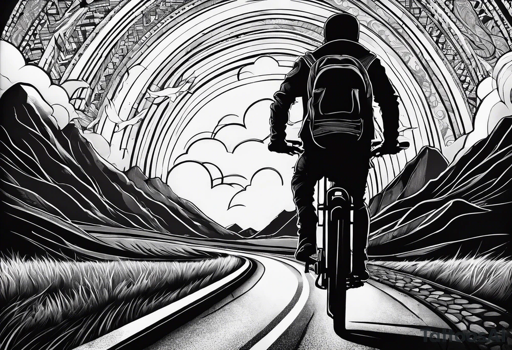 a shil man on a road that is less traveled with "Hark" in a banner with a circular design tattoo idea