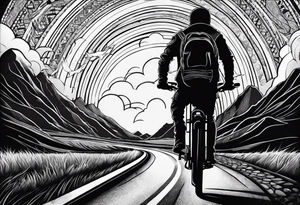 a shil man on a road that is less traveled with "Hark" in a banner with a circular design tattoo idea