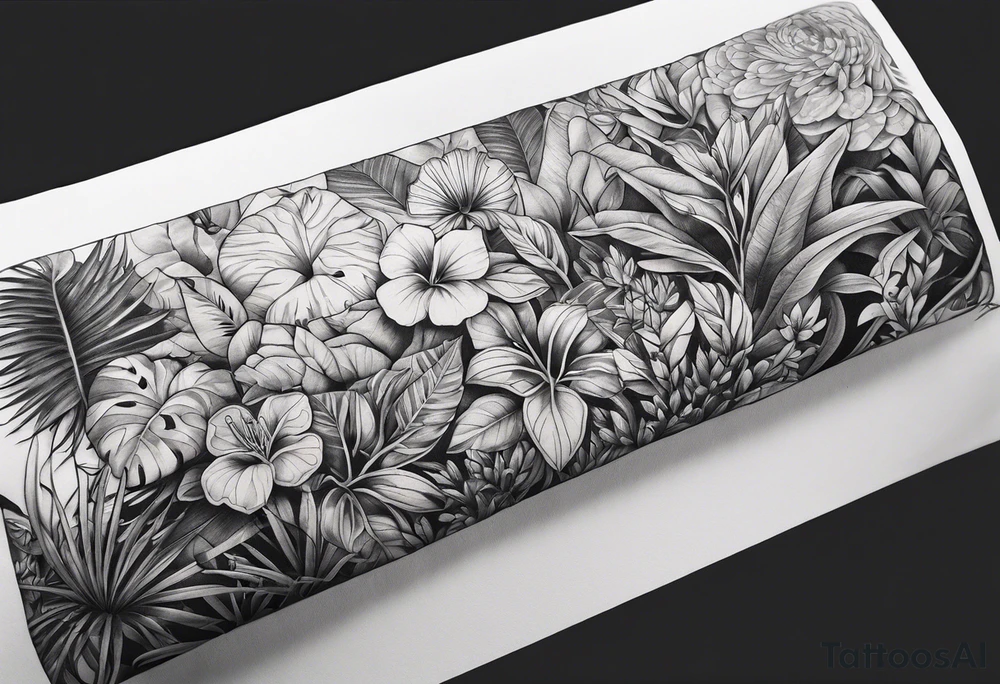 full arm sleeve tattoo with jungle plants and flowers tattoo idea