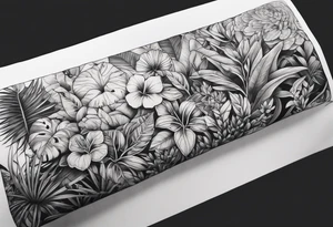 full arm sleeve tattoo with jungle plants and flowers tattoo idea