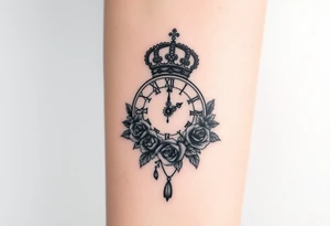 Roman clock with a crown, with roses and a quote that says nothings forever and with a deck of cards gangster chicano tattoo idea