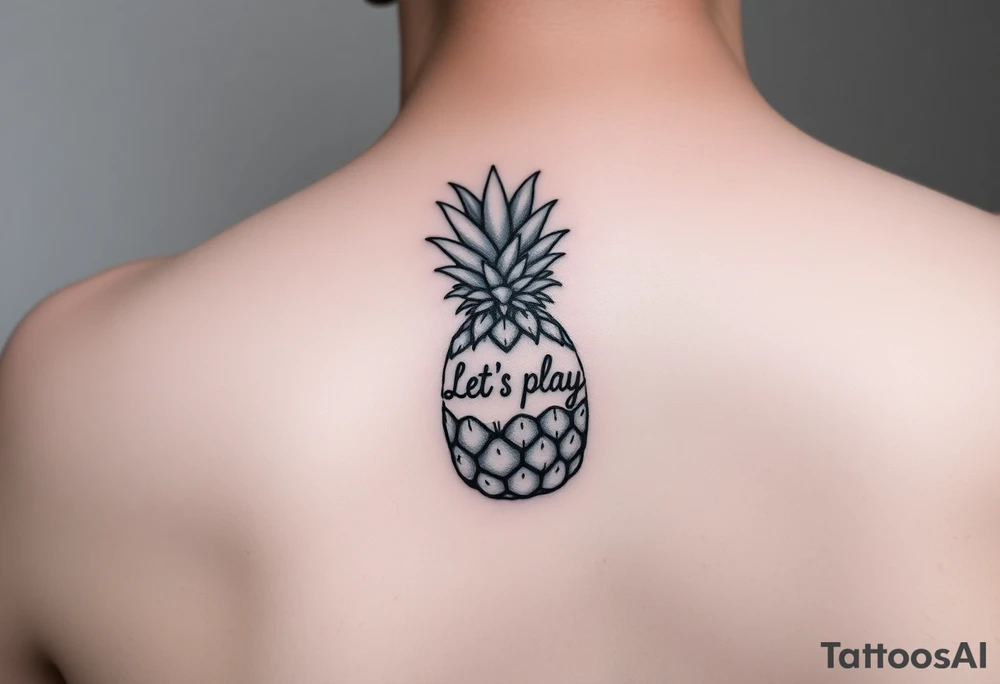 A black ink wrist tattoo featuring a realistic yet minimalistic pineapple. The pineapple is finely detailed with clean, precise lines, capturing the natural texture of the fruit while keeping the design subtle and uncluttered. Inside the body of the pineapple, the phrase "Let's play" is clearly placed in a bold but not overly thick font, ensuring readability while maintaining balance with the overall design. The leaves of the pineapple have a fine-line style with slight variations in thickness for a natural feel. The tattoo blends fine details with subtle bold elements, creating a clean and modern aesthetic. tattoo idea