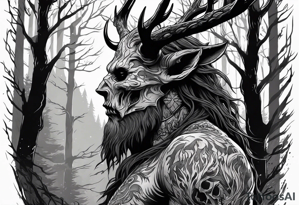 A scary dead lore accurate wendigo side profile surrounded by a forest fire in background tattoo idea