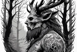 A scary dead lore accurate wendigo side profile surrounded by a forest fire in background tattoo idea