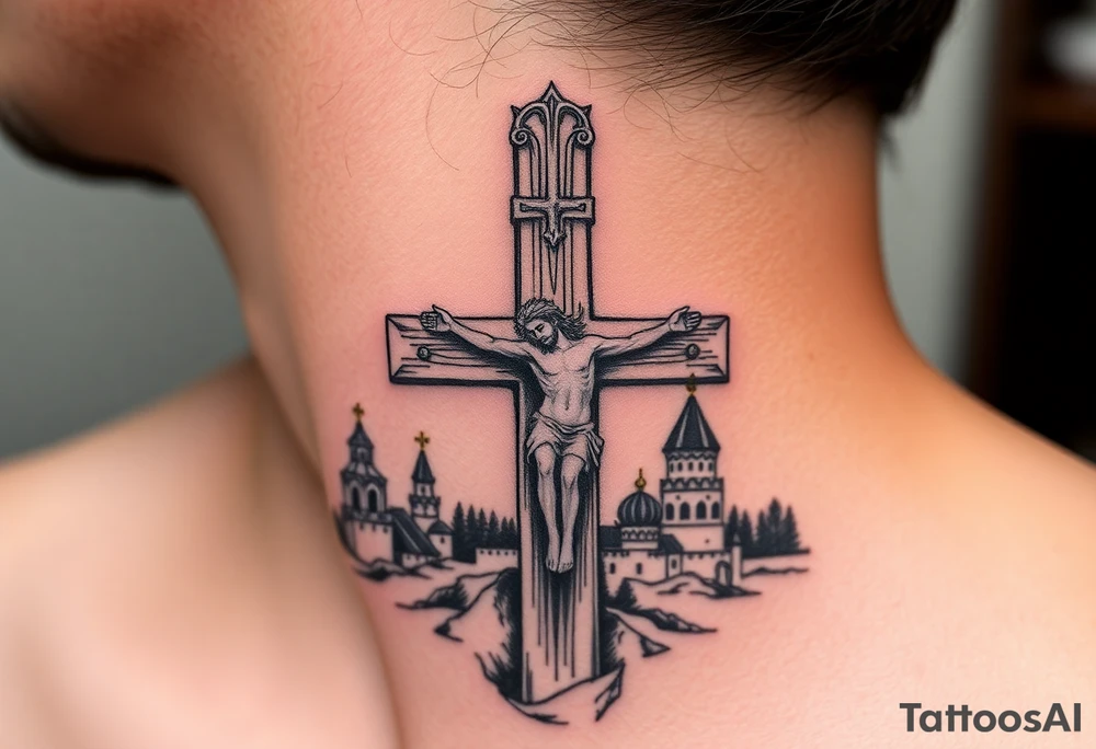 Traditional orthodox ICXC Christian cross with Jesus Christ on the cross also with the slanted part of the cross where christs feet were nailed in a Russian wilderness Kremlin setting tattoo idea