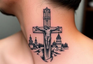 Traditional orthodox ICXC Christian cross with Jesus Christ on the cross also with the slanted part of the cross where christs feet were nailed in a Russian wilderness Kremlin setting tattoo idea