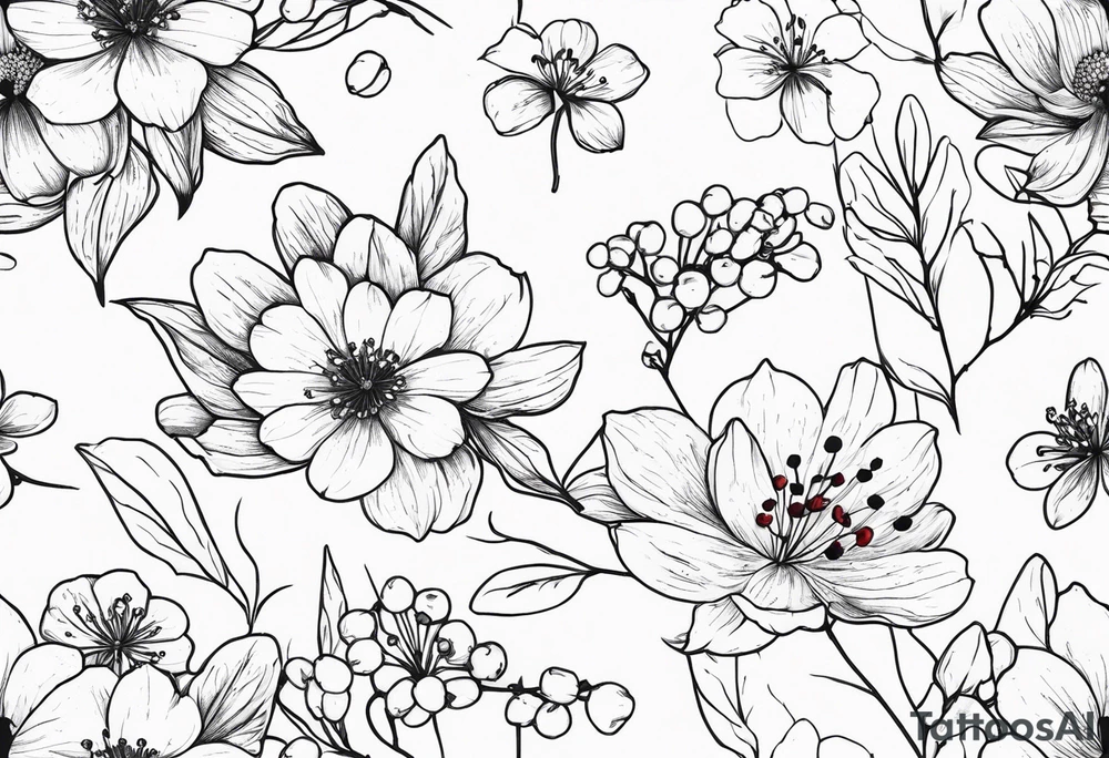minimalist wrapping botanicals with cosmos flower, cherry blossoms, rowan tree berries and flowers, and lily of the valley tattoo idea