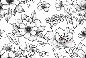 minimalist wrapping botanicals with cosmos flower, cherry blossoms, rowan tree berries and flowers, and lily of the valley tattoo idea