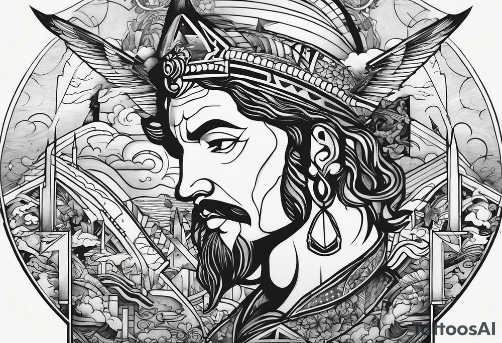 Representation of God underneath an up arrow to the left of an image of a man above a down arrow. tattoo idea