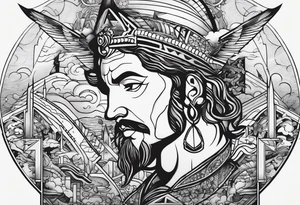 Representation of God underneath an up arrow to the left of an image of a man above a down arrow. tattoo idea