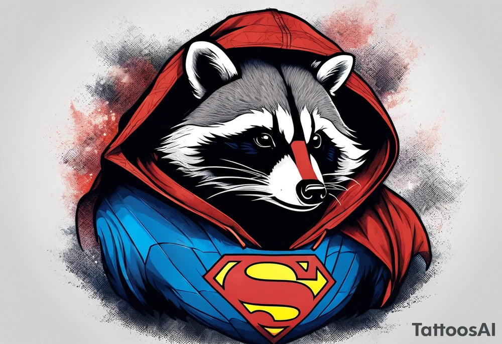 raccoon wearing a Superman hoodie tattoo idea