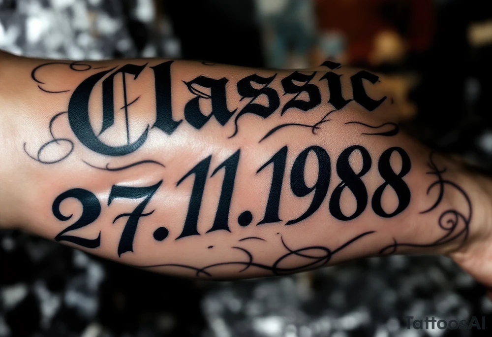 Classic 27.11.1988 carved in Roman numerals with deep navy blue shadows. tattoo idea
