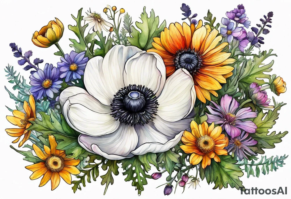 a white anemone with black center in the middle of equal sized mixed colorful wildflowers all with different shapes including thistles, ferns, ranuculus, and sun flowers all in watercolor tattoo idea