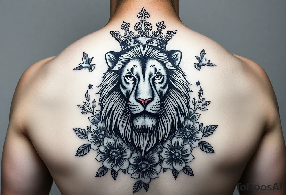 powerful majestic lion with a crown, surrounded by floral ornaments and birds tattoo idea
