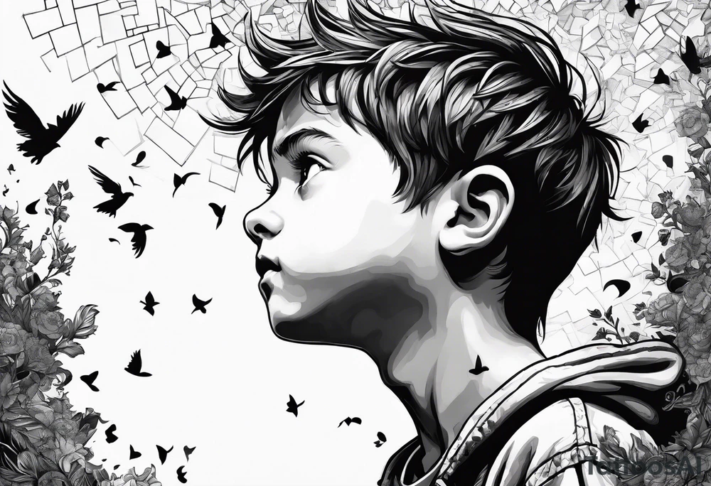 boy looking up into the sky, the boy is made of broken pieces tattoo idea