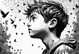 boy looking up into the sky, the boy is made of broken pieces tattoo idea