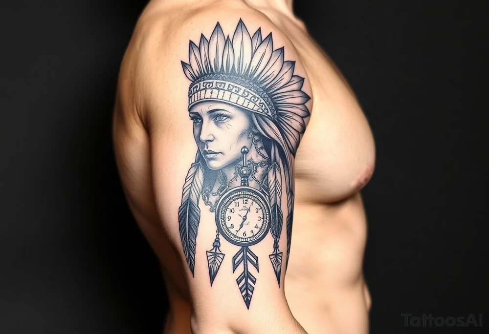 headdress in the sun a compass and a clock and arrowhead tattoo idea
