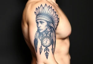 headdress in the sun a compass and a clock and arrowhead tattoo idea