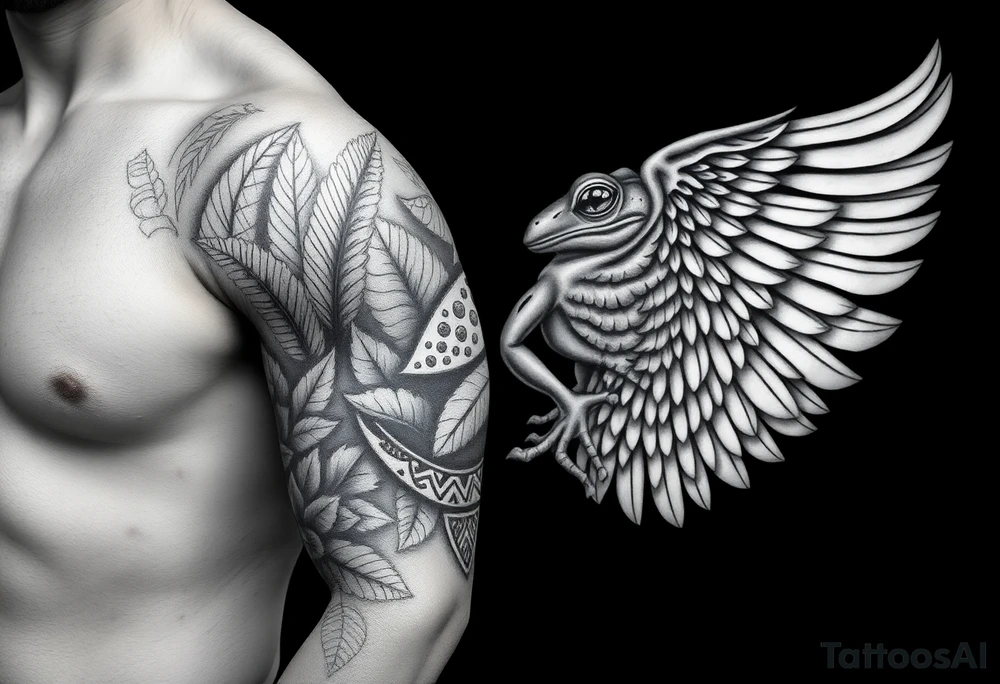 Full Sleeve tattoo including details of jungle leaves, Taino frog , Puerto Rican tribal patterns, angel wing tattoo idea