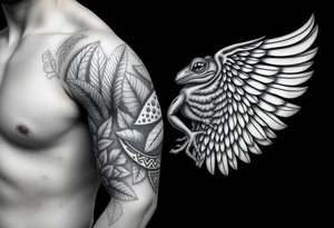 Full Sleeve tattoo including details of jungle leaves, Taino frog , Puerto Rican tribal patterns, angel wing tattoo idea