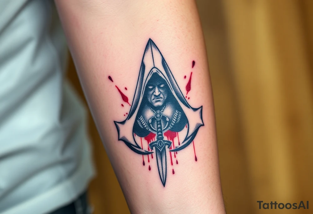 Assassins Creed emblem with hooded character, NO FACE, with blood splashes and a sword tattoo idea