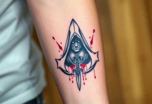 Assassins Creed emblem with hooded character, NO FACE, with blood splashes and a sword tattoo idea