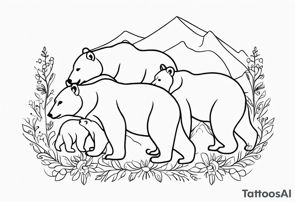 Outline drawing of the profile of a mama bear followed by three cubs in a line. The four bears are connected together with a delicate floral pattern. tattoo idea