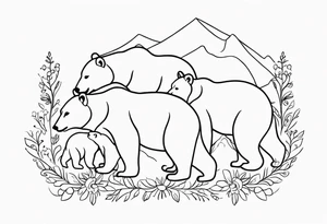 Outline drawing of the profile of a mama bear followed by three cubs in a line. The four bears are connected together with a delicate floral pattern. tattoo idea
