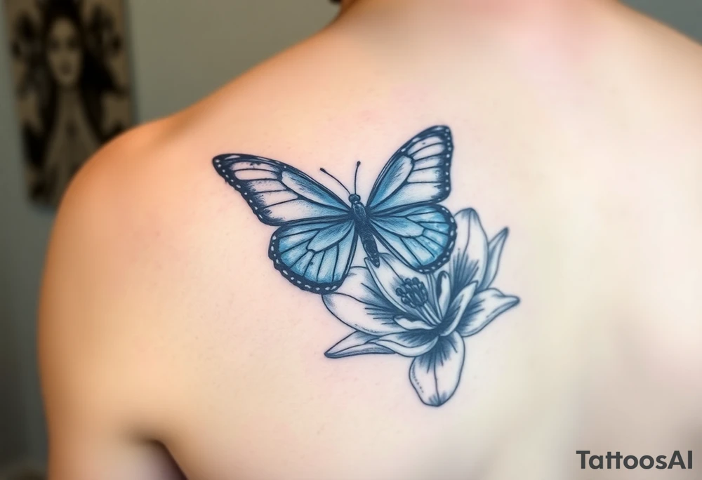 blue morph butterfly landing on a tiger lily tattoo idea