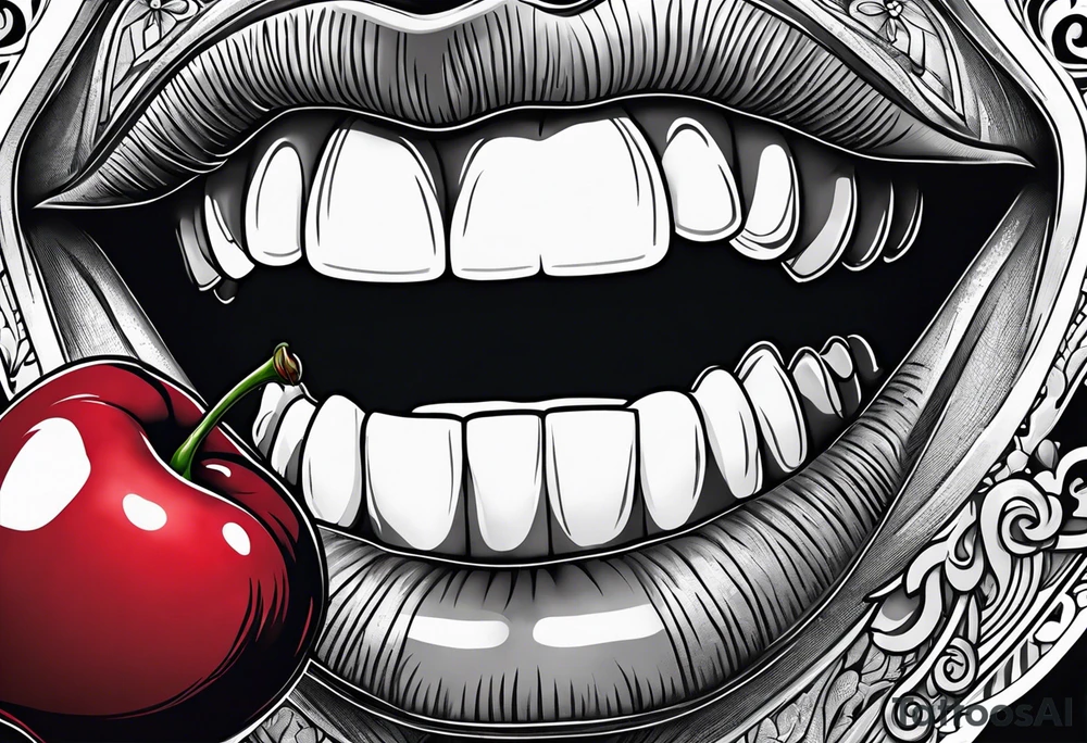 mouth, holding cherry in teeth, lush lips tattoo idea