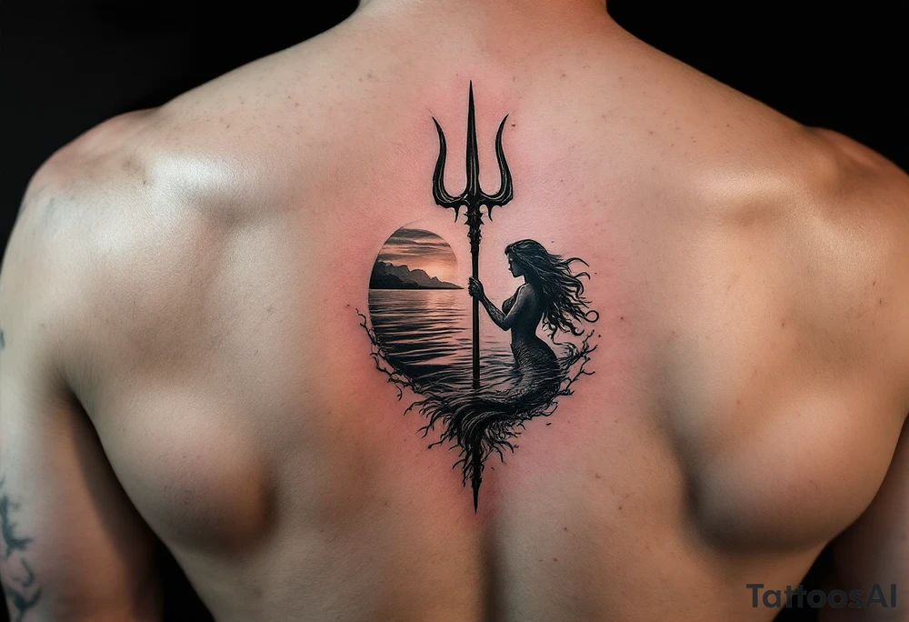 trident half way under calm water with mermaid at sunset tattoo idea
